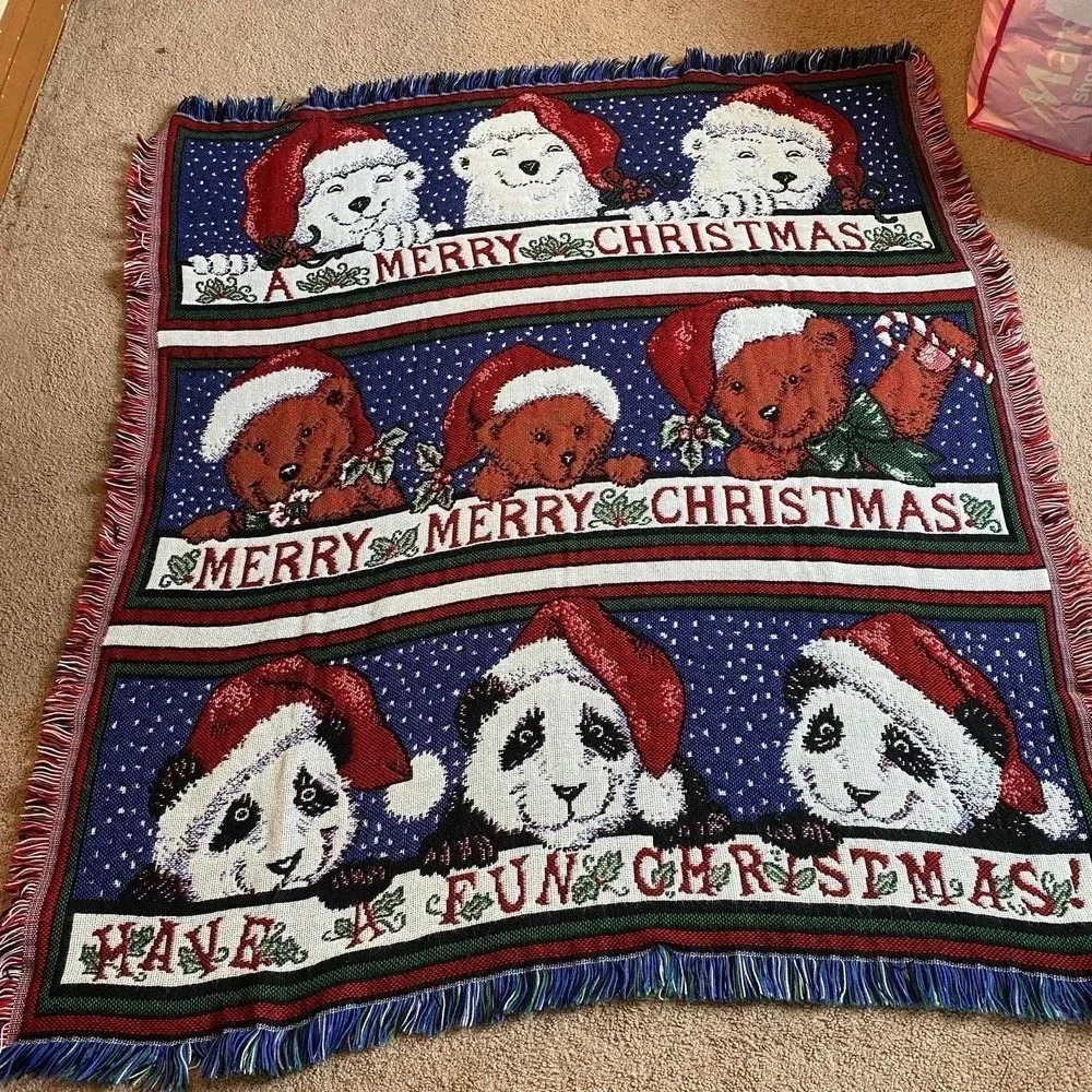 Merry Christmas Panda Bear Pattern Triple Woven Soft Throw Blanket